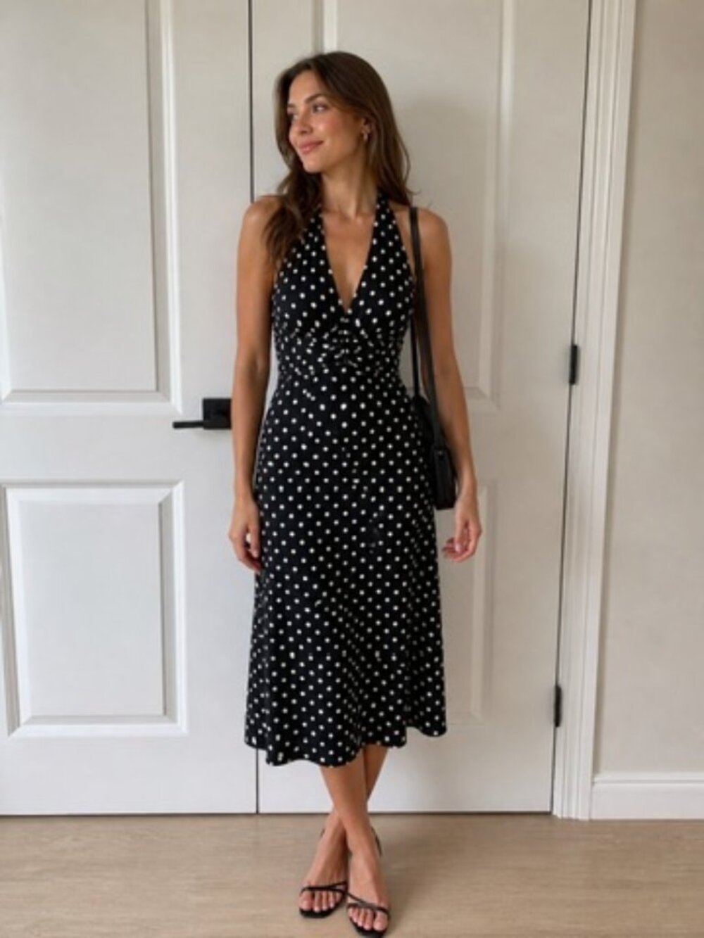 NWOT Vintage BCBGMaxAzaria Black & White Polka Dot Halter Midi Dress – Size S